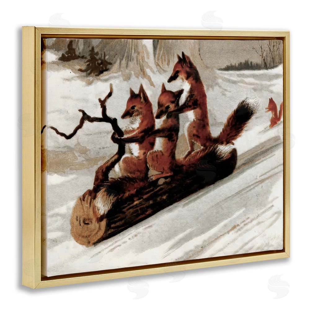 Arlington Prints Foxes Sledding on Log Gold Floating Frame Canvas Wall Art Print
