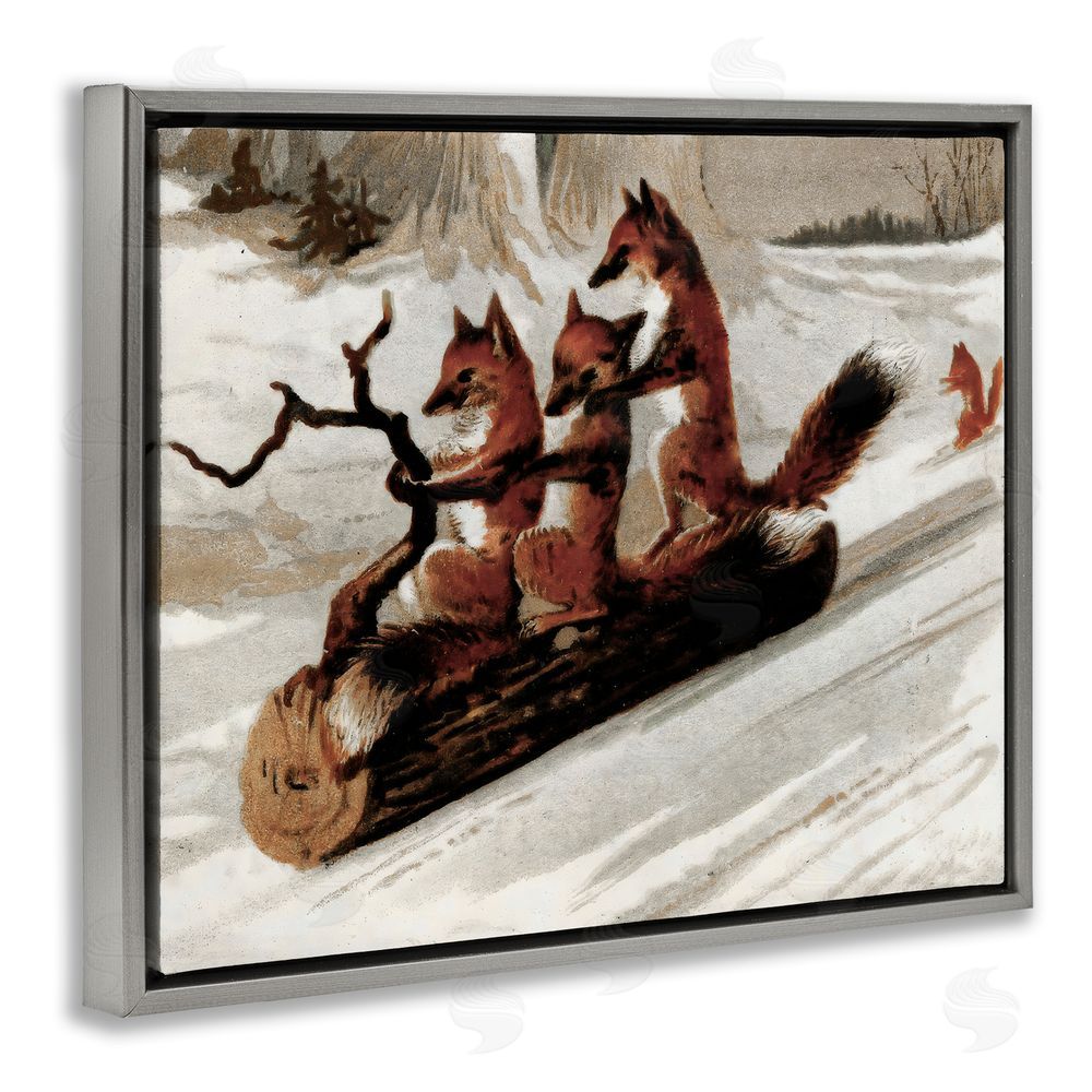 Arlington Prints Foxes Sledding on Log Gray Floating Frame Canvas Wall Art Print