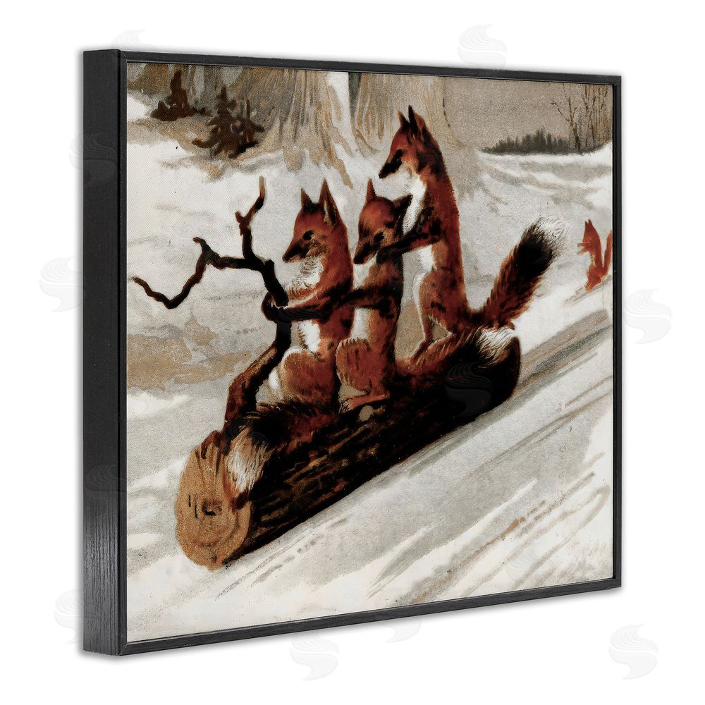 Arlington Prints Foxes Sledding on Log Black Framed Giclee Wall Art Print