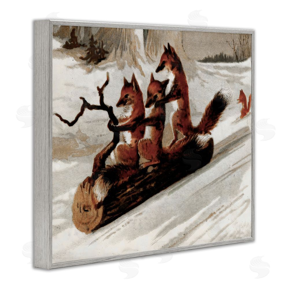 Arlington Prints Foxes Sledding on Log Gray Framed Giclee Wall Art Print