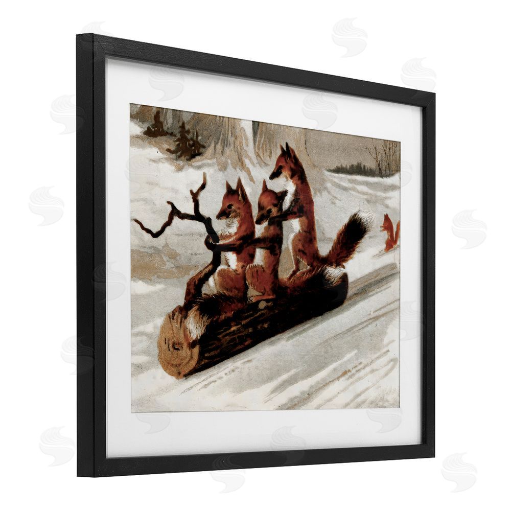 Arlington Prints Foxes Sledding on Log Black Framed Print Under Glass with White Mat Wall Art