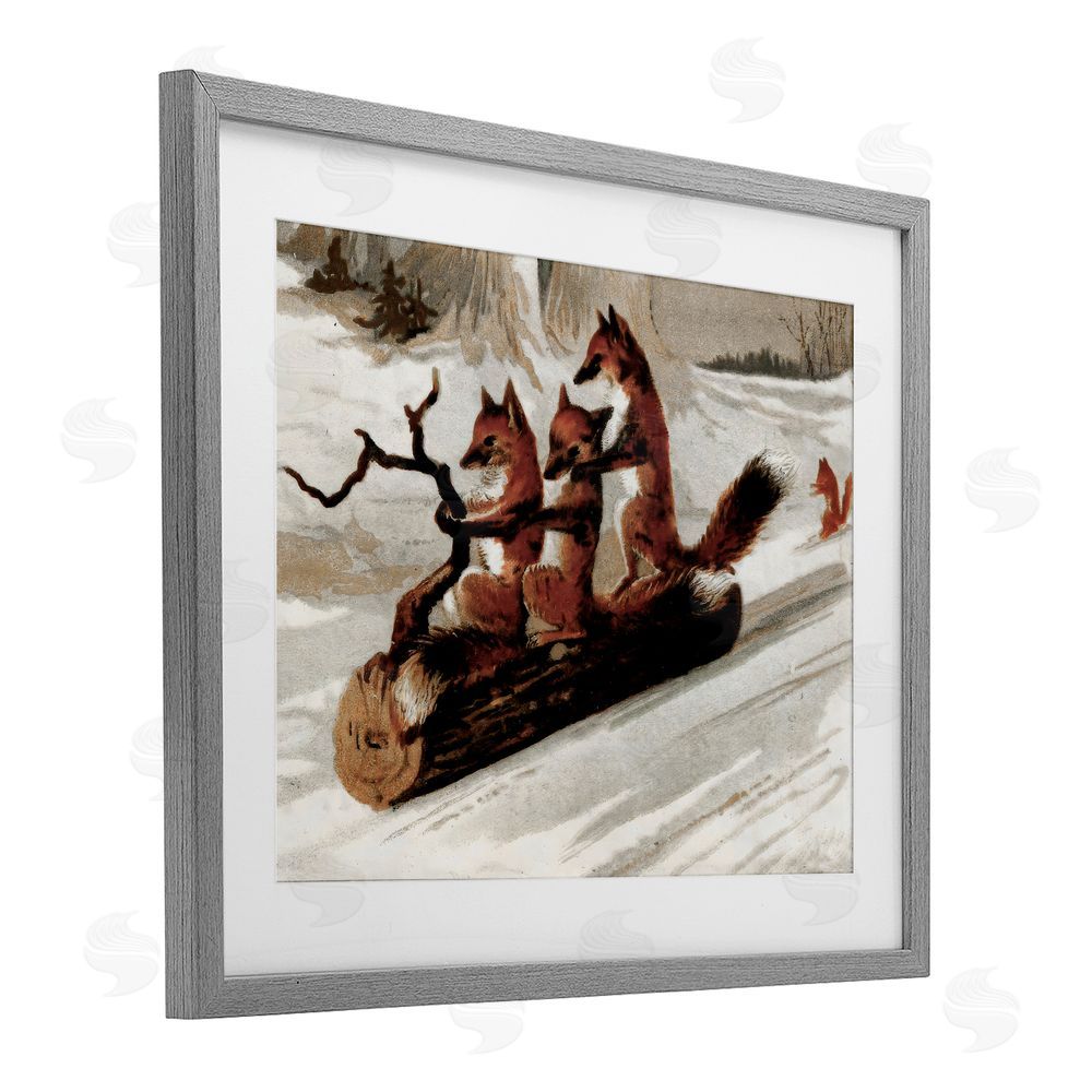 Arlington Prints Foxes Sledding on Log Gray Framed Print Under Glass with White Mat Wall Art
