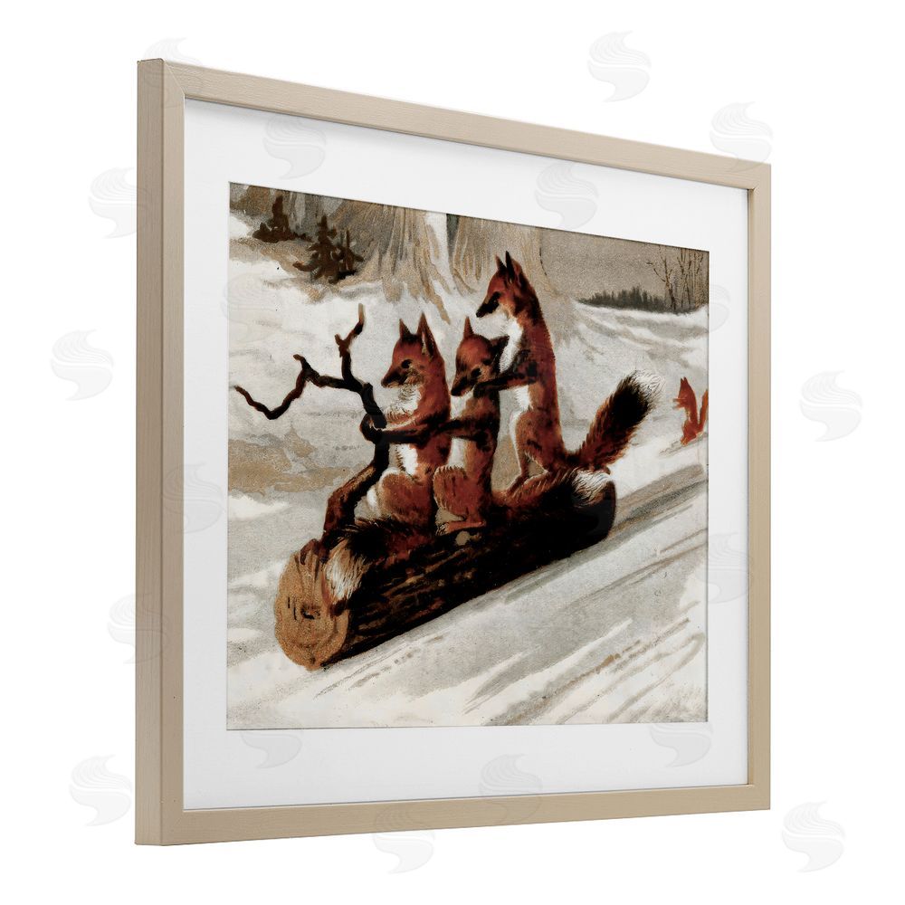 Arlington Prints Foxes Sledding on Log Birch Framed Print Under Glass with White Mat Wall Art