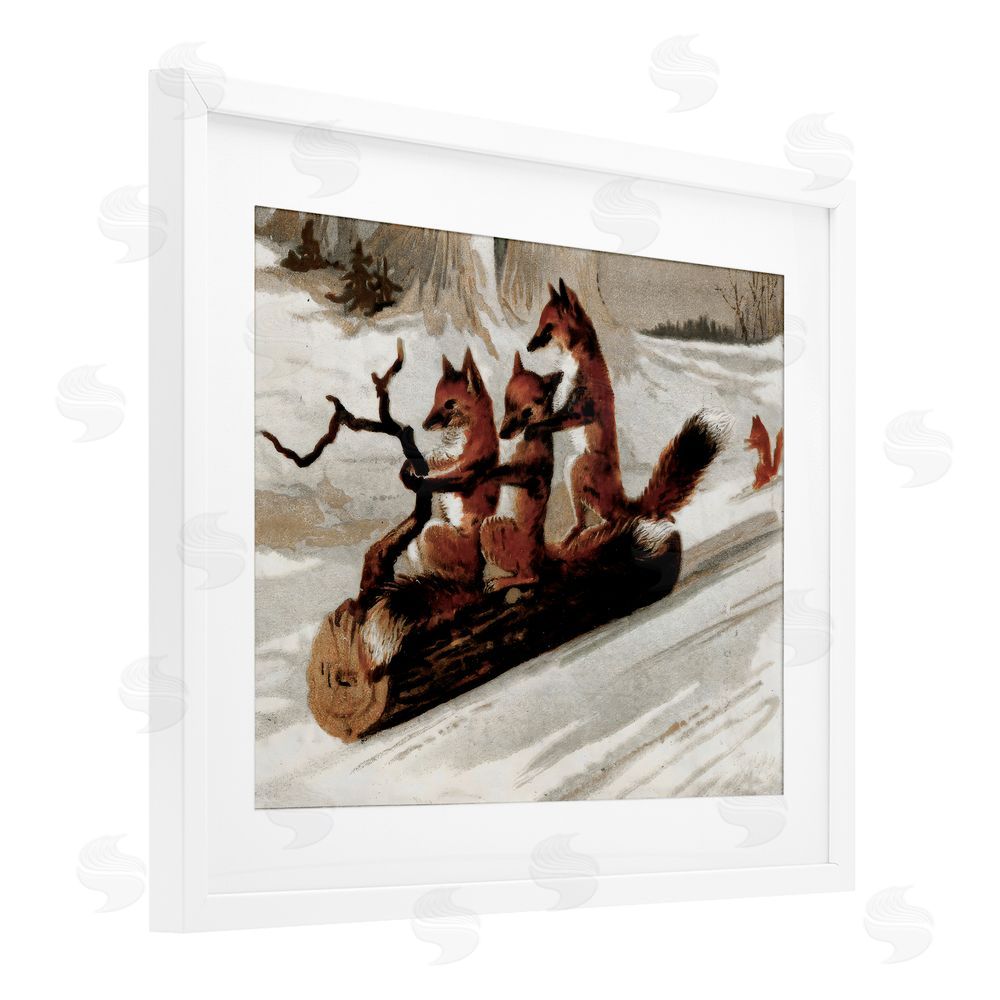 Arlington Prints Foxes Sledding on Log White Framed Print Under Glass with Mat Wall Art