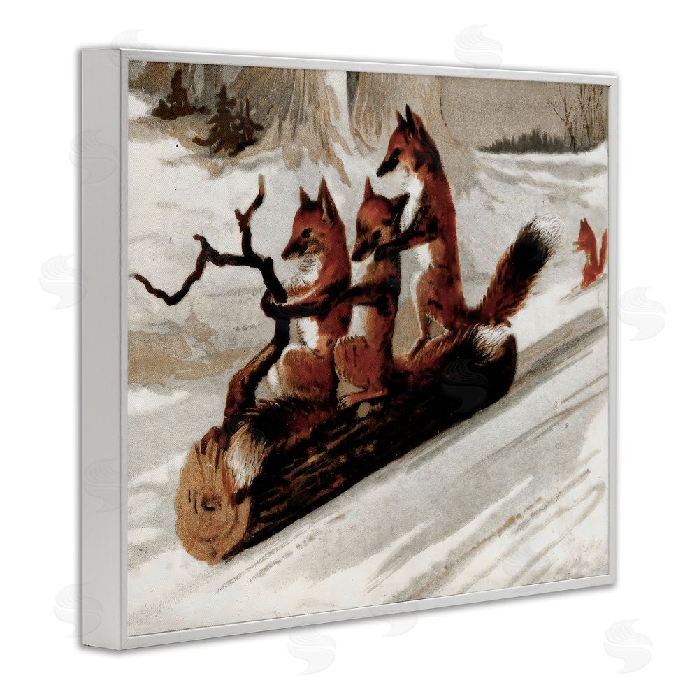 Arlington Prints Foxes Sledding on Log White Framed Giclee Wall Art Print