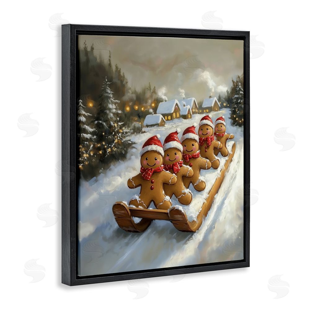 Arlington Prints Gingerbread Snow Day Sledding Black Floating Frame Canvas Wall Art Print