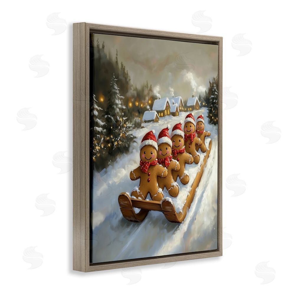 Arlington Prints Gingerbread Snow Day Sledding Brown Floating Frame Canvas Wall Art Print