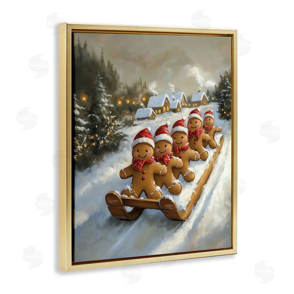 Arlington Prints Gingerbread Snow Day Sledding Gold Floating Frame Canvas Wall Art Print