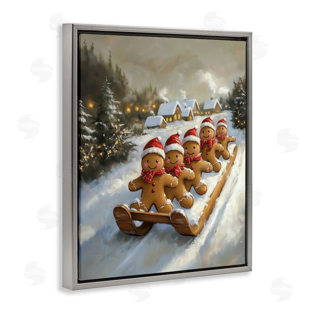 Arlington Prints Gingerbread Snow Day Sledding Gray Floating Frame Canvas Wall Art Print