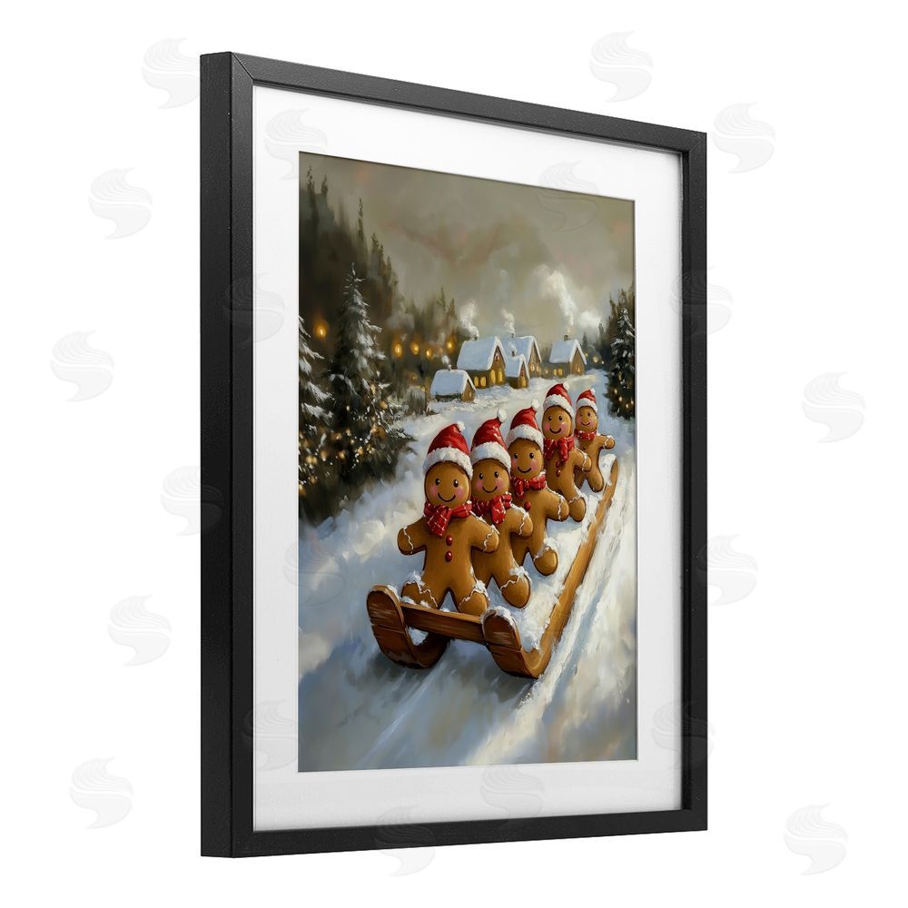 Arlington Prints Gingerbread Snow Day Sledding Black Framed Print Under Glass with White Mat Wall Art