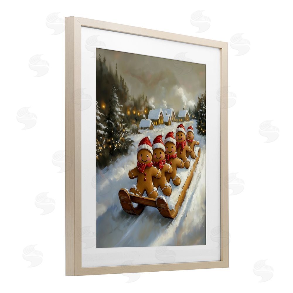 Arlington Prints Gingerbread Snow Day Sledding Birch Framed Print Under Glass with White Mat Wall Art
