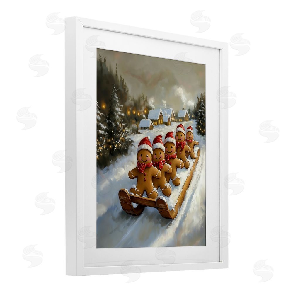 Arlington Prints Gingerbread Snow Day Sledding White Framed Print Under Glass with Mat Wall Art