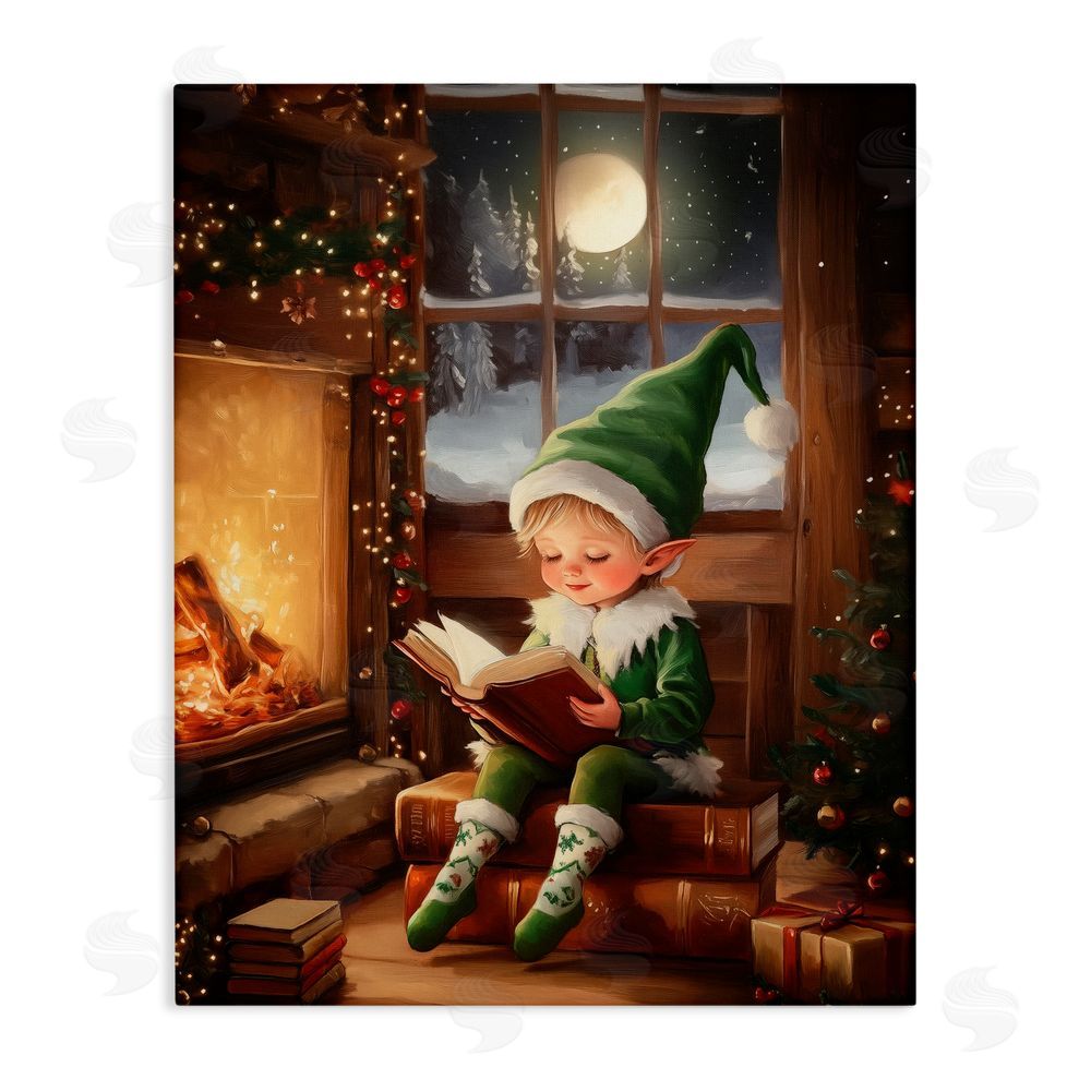 Arlington Prints Reading Elf by Fireplace Canvas Wall Art Print