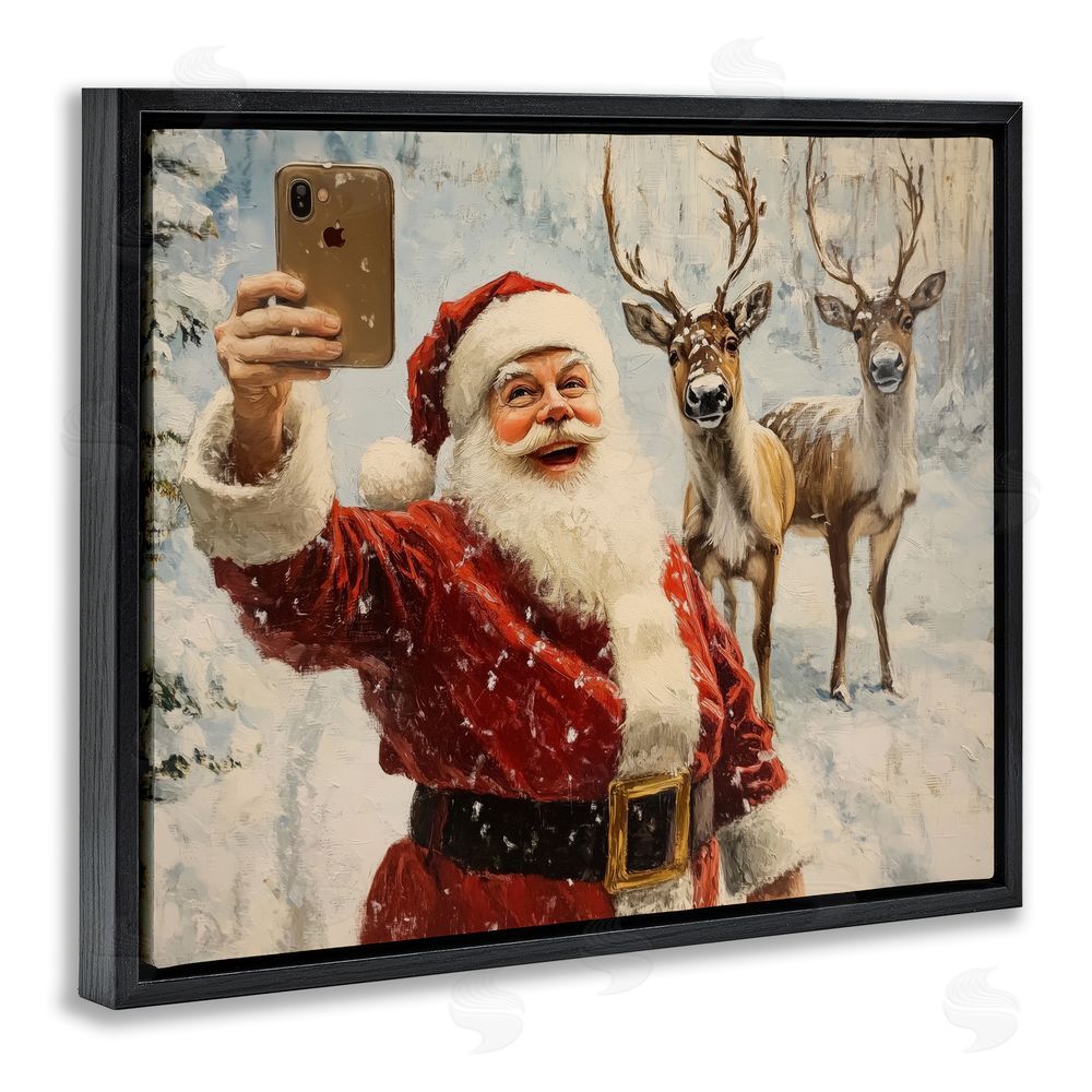 Arlington Prints Santa Selfie with Reindeer Black Floating Frame Canvas Wall Art Print