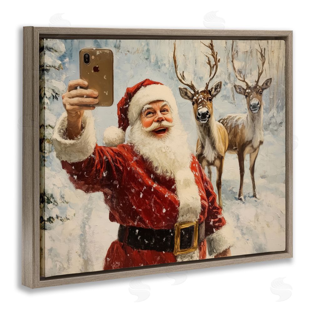Arlington Prints Santa Selfie with Reindeer Brown Floating Frame Canvas Wall Art Print