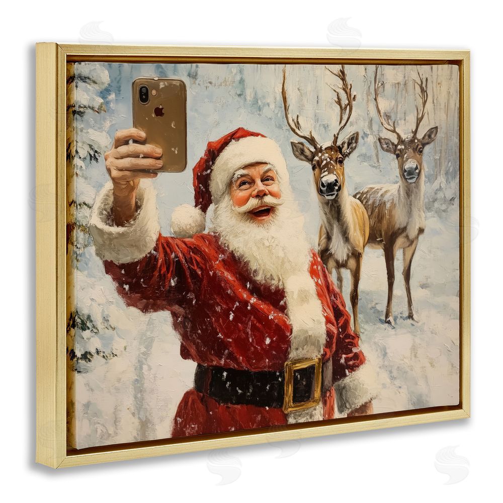 Arlington Prints Santa Selfie with Reindeer Gold Floating Frame Canvas Wall Art Print