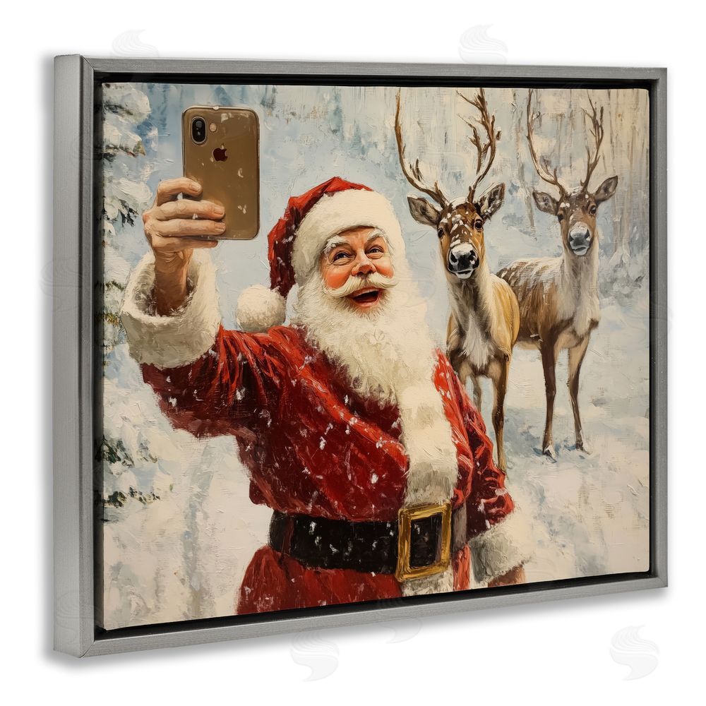 Arlington Prints Santa Selfie with Reindeer Gray Floating Frame Canvas Wall Art Print