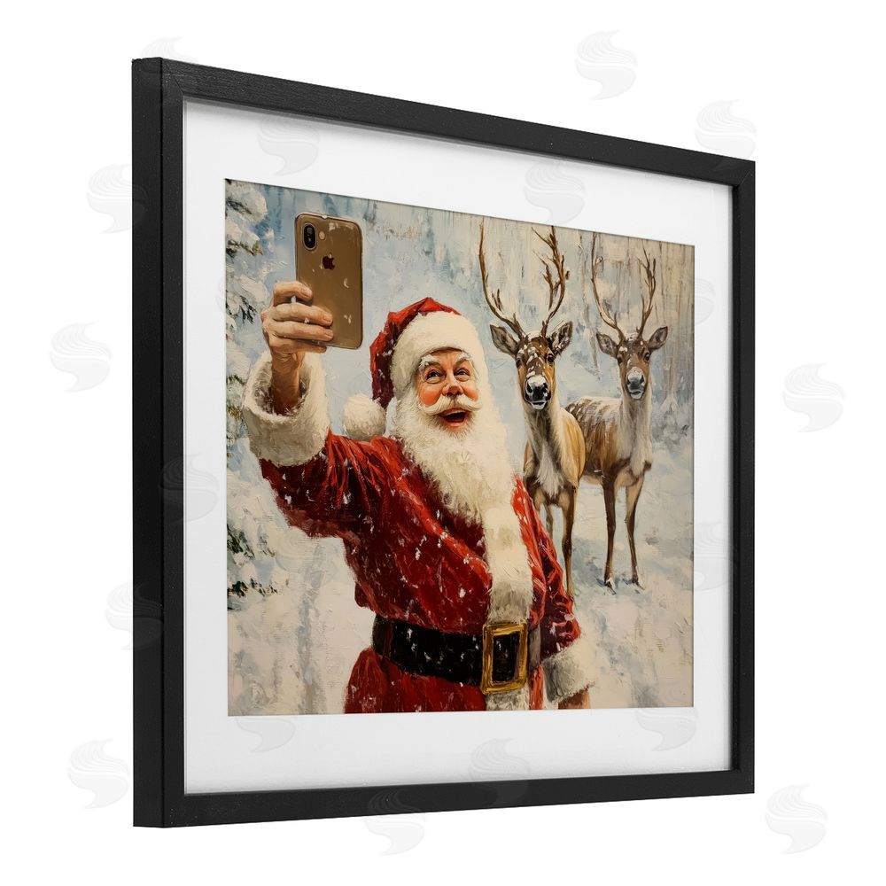 Arlington Prints Santa Selfie with Reindeer Black Framed Print Under Glass with White Mat Wall Art