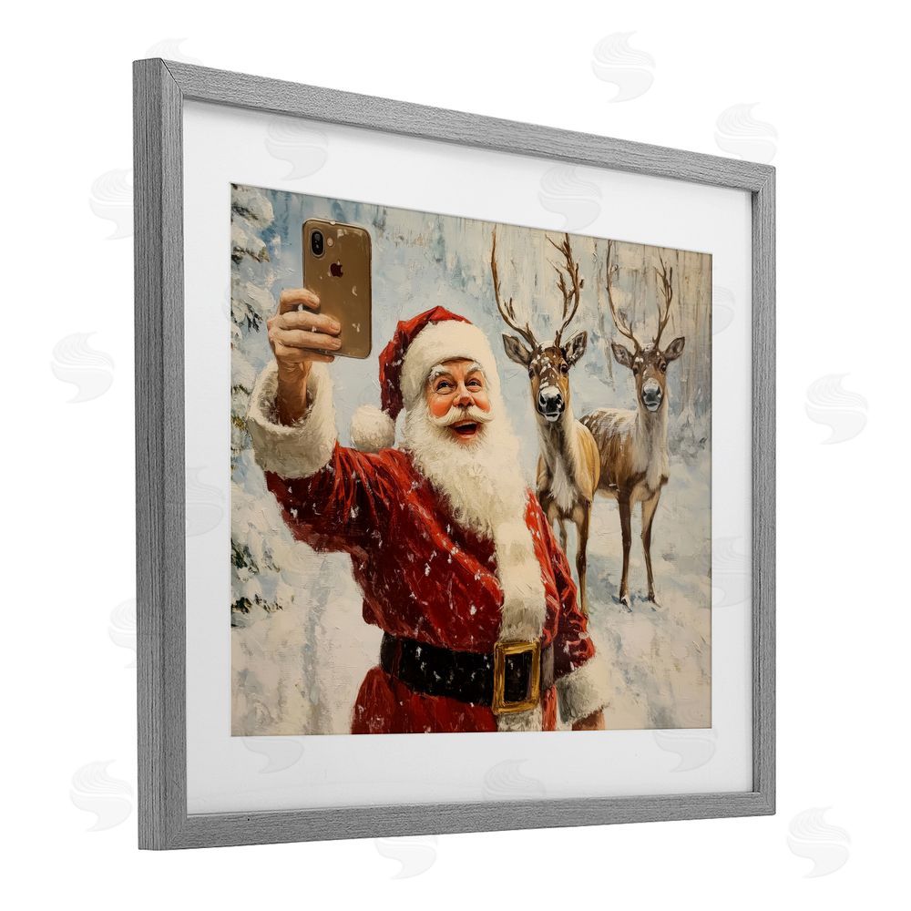 Arlington Prints Santa Selfie with Reindeer Gray Framed Print Under Glass with White Mat Wall Art
