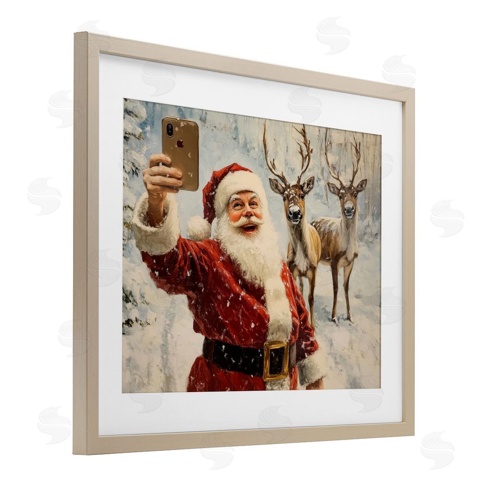 Arlington Prints Santa Selfie with Reindeer Birch Framed Print Under Glass with White Mat Wall Art