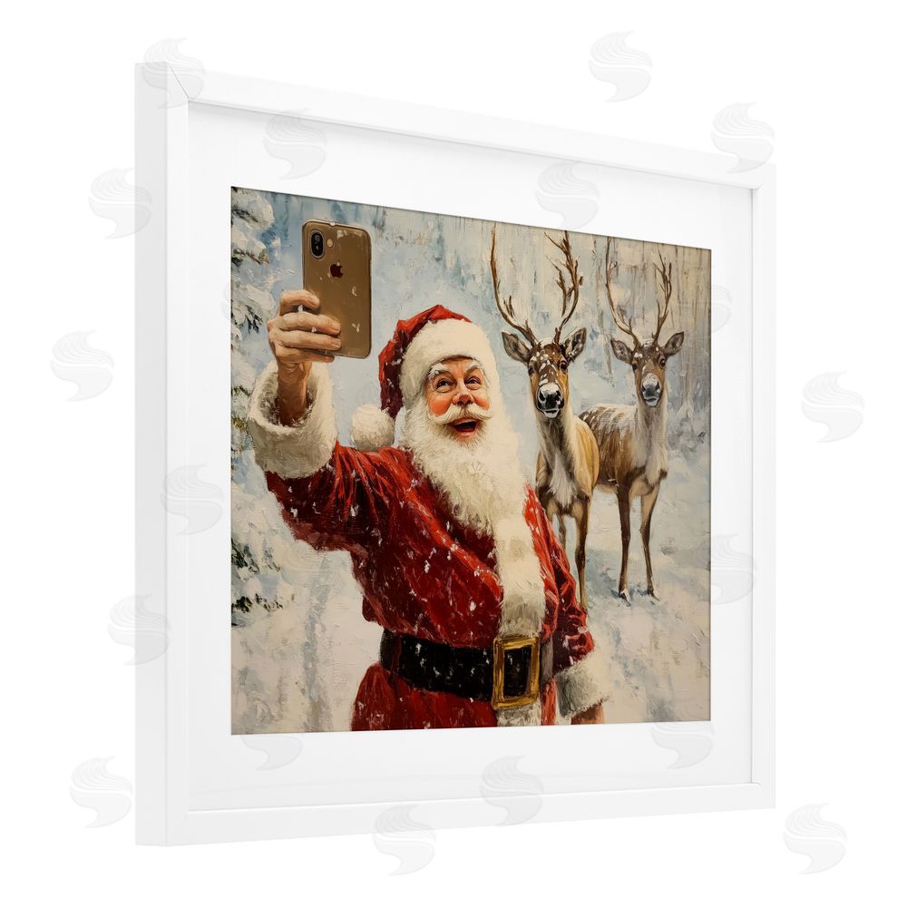 Arlington Prints Santa Selfie with Reindeer White Framed Print Under Glass with Mat Wall Art