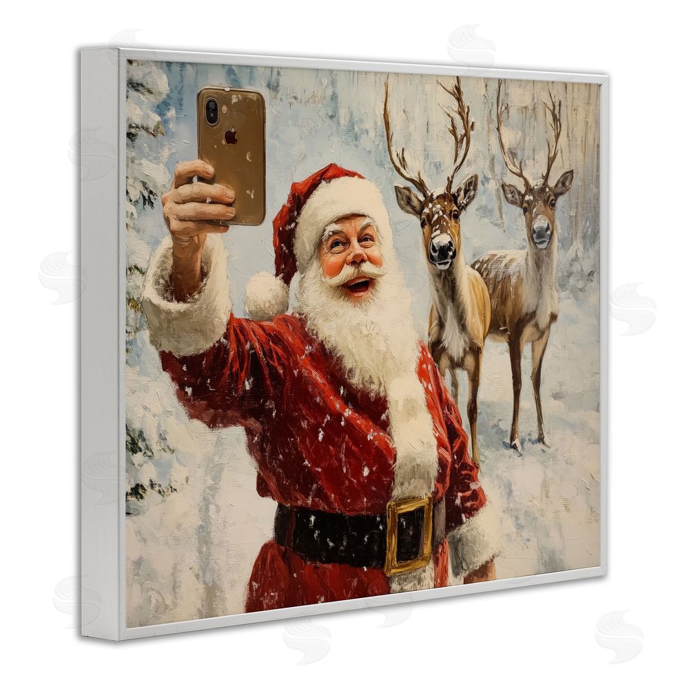 Arlington Prints Santa Selfie with Reindeer White Framed Giclee Wall Art Print