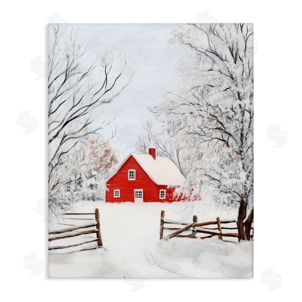 Arlington Prints Red Farmhouse in Snow Canvas Wall Art Print