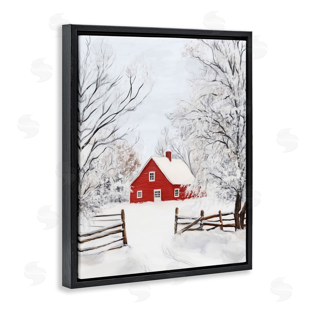 Arlington Prints Red Farmhouse in Snow Black Floating Frame Canvas Wall Art Print