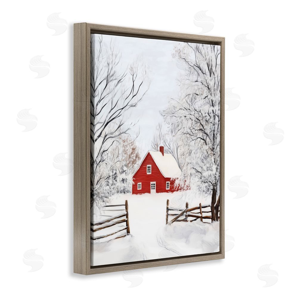 Arlington Prints Red Farmhouse in Snow Brown Floating Frame Canvas Wall Art Print