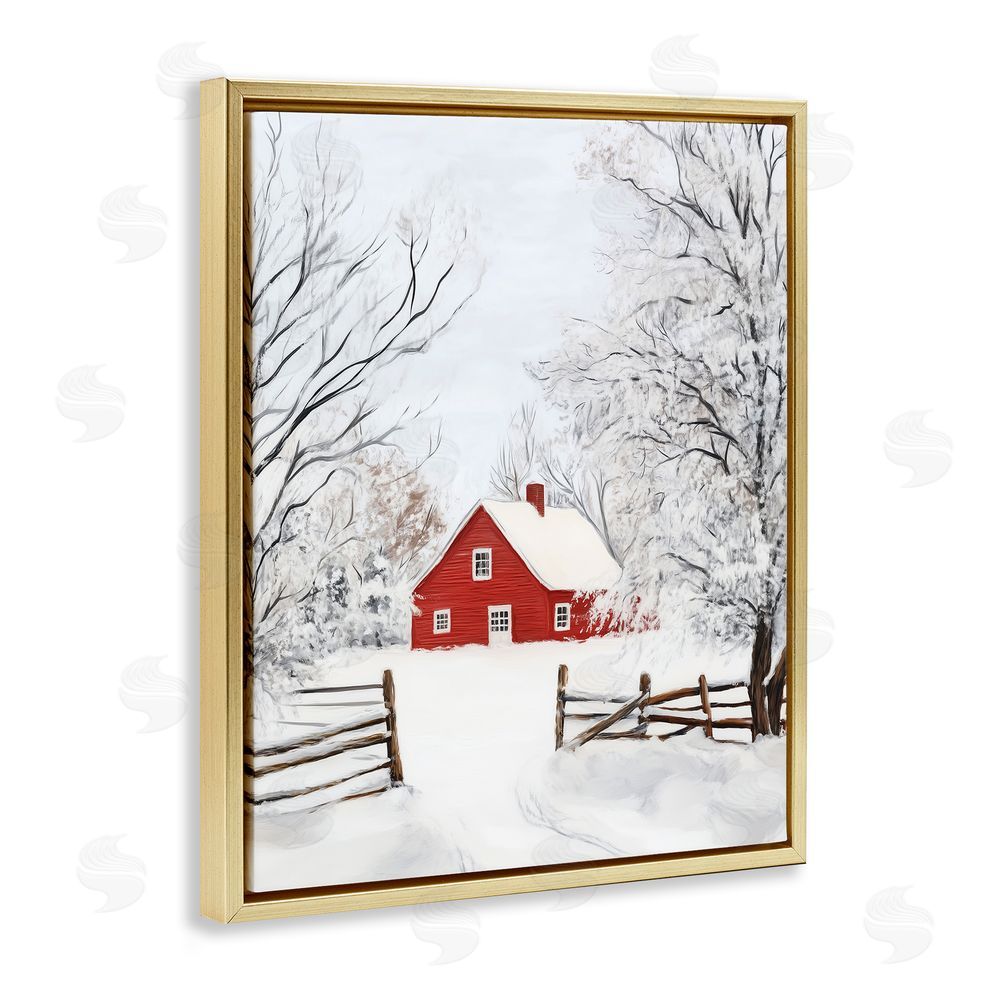 Arlington Prints Red Farmhouse in Snow Gold Floating Frame Canvas Wall Art Print