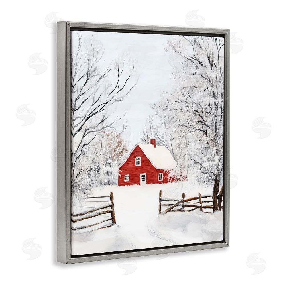 Arlington Prints Red Farmhouse in Snow Gray Floating Frame Canvas Wall Art Print