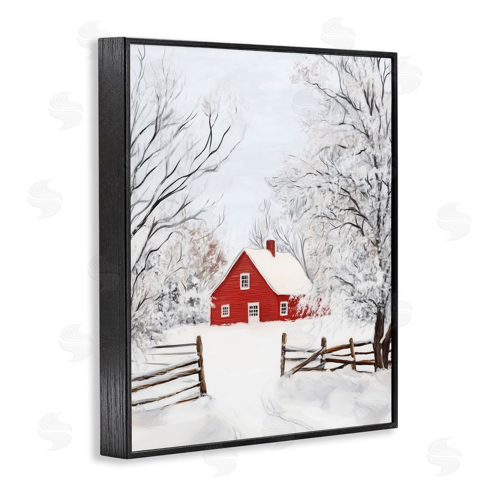 Arlington Prints Red Farmhouse in Snow Black Framed Giclee Wall Art Print