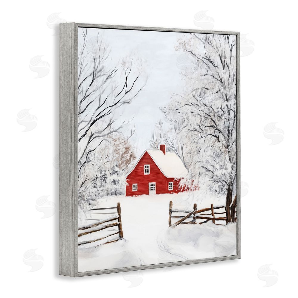 Arlington Prints Red Farmhouse in Snow Gray Framed Giclee Wall Art Print