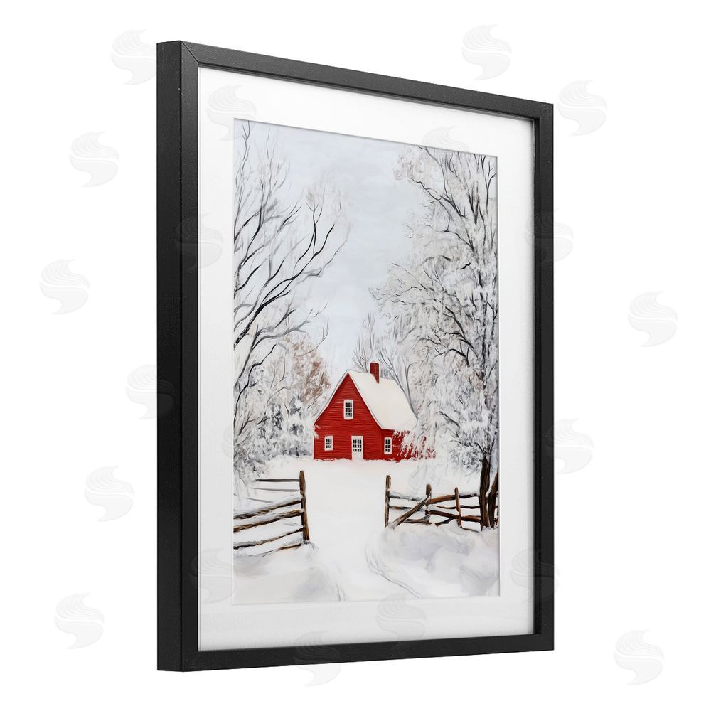 Arlington Prints Red Farmhouse in Snow Black Framed Print Under Glass with White Mat Wall Art