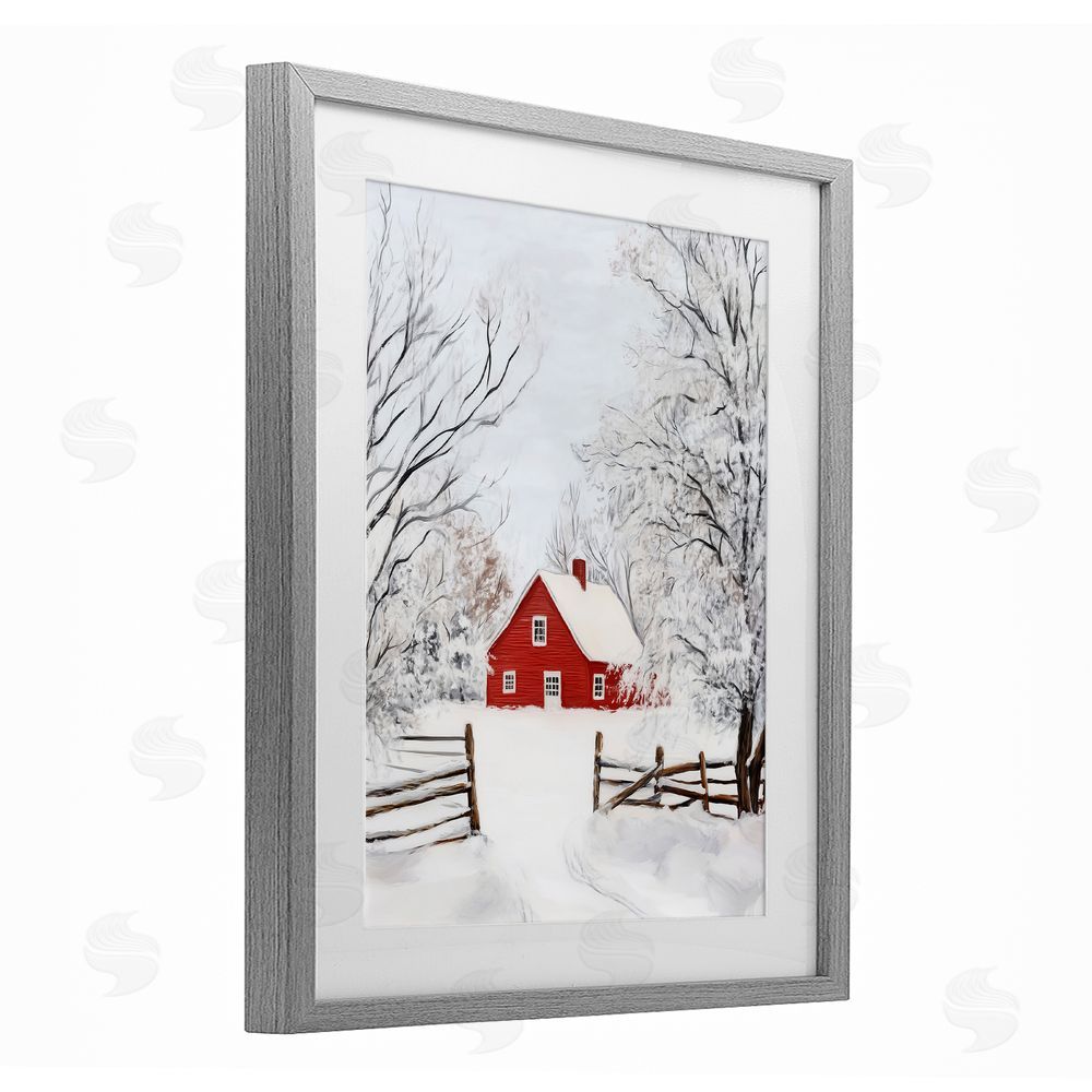 Arlington Prints Red Farmhouse in Snow Gray Framed Print Under Glass with White Mat Wall Art