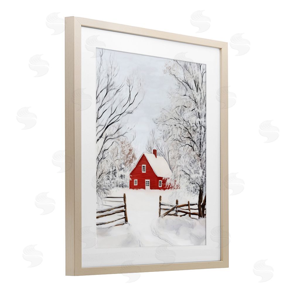 Arlington Prints Red Farmhouse in Snow Birch Framed Print Under Glass with White Mat Wall Art