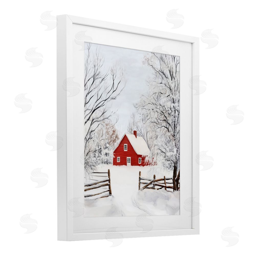 Arlington Prints Red Farmhouse in Snow White Framed Print Under Glass with Mat Wall Art