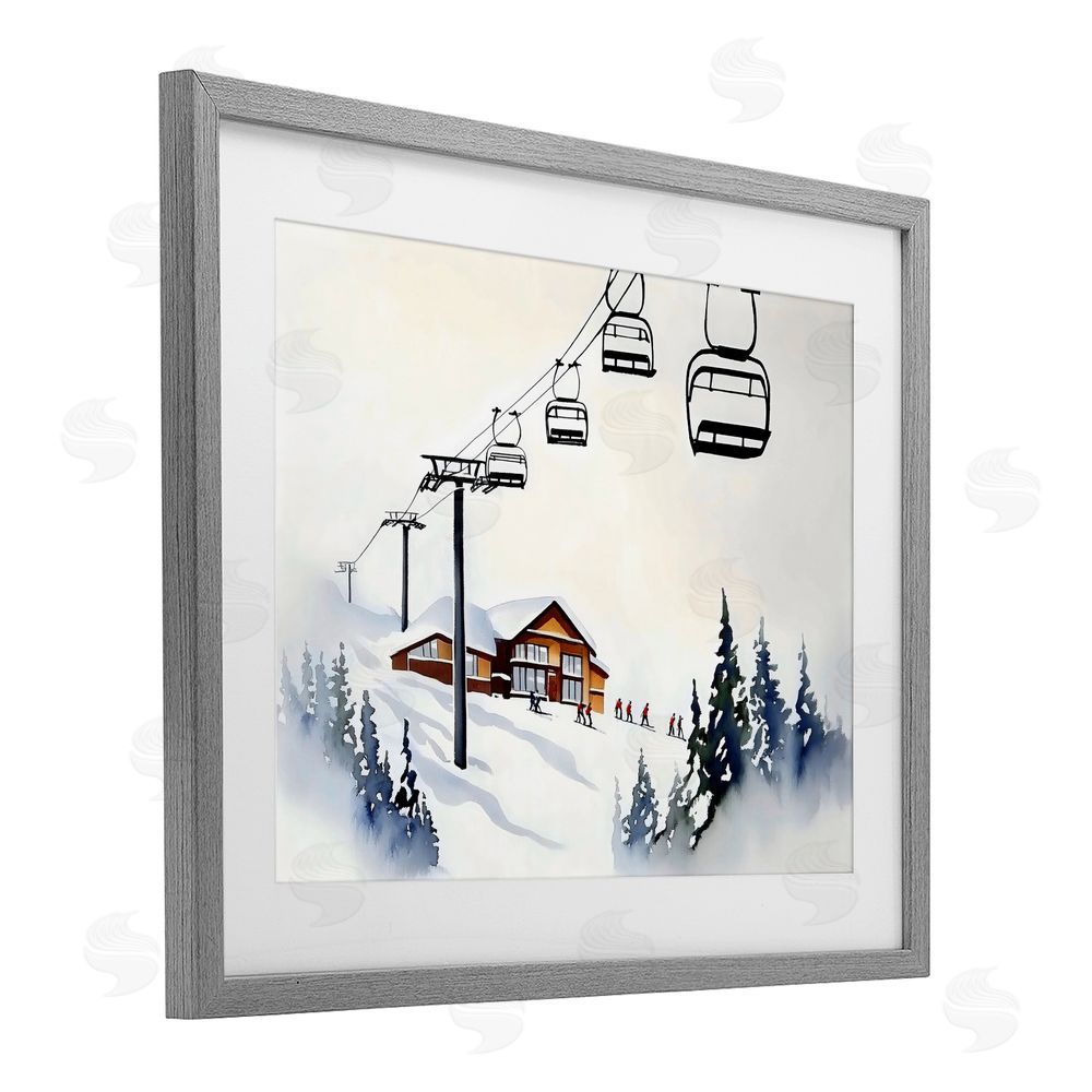 Arlington Prints Ski Lodge Lift Scenery Gray Framed Print Under Glass with White Mat Wall Art