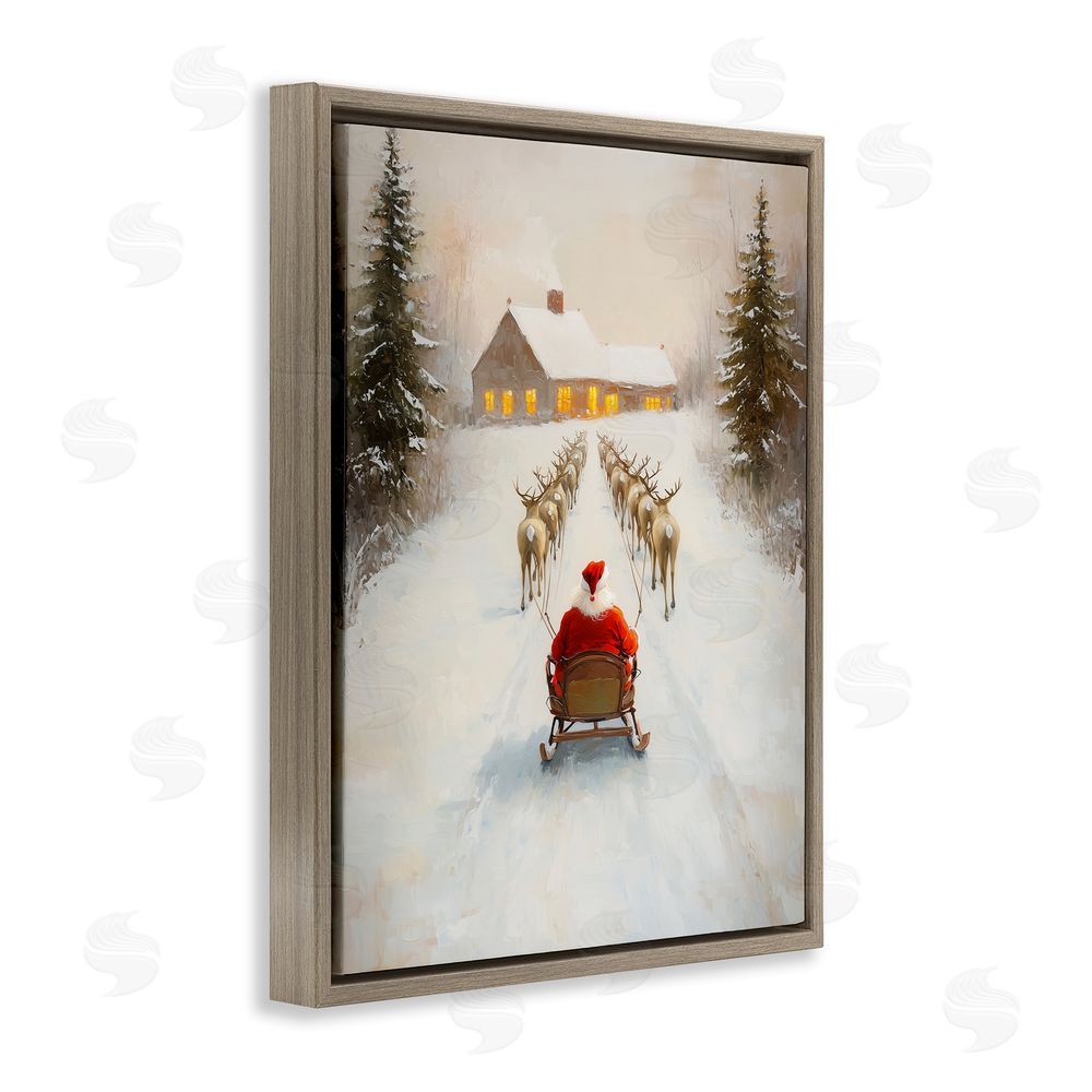 Arlington Prints Santa's Visit Sleigh Ride Brown Floating Frame Canvas Wall Art Print