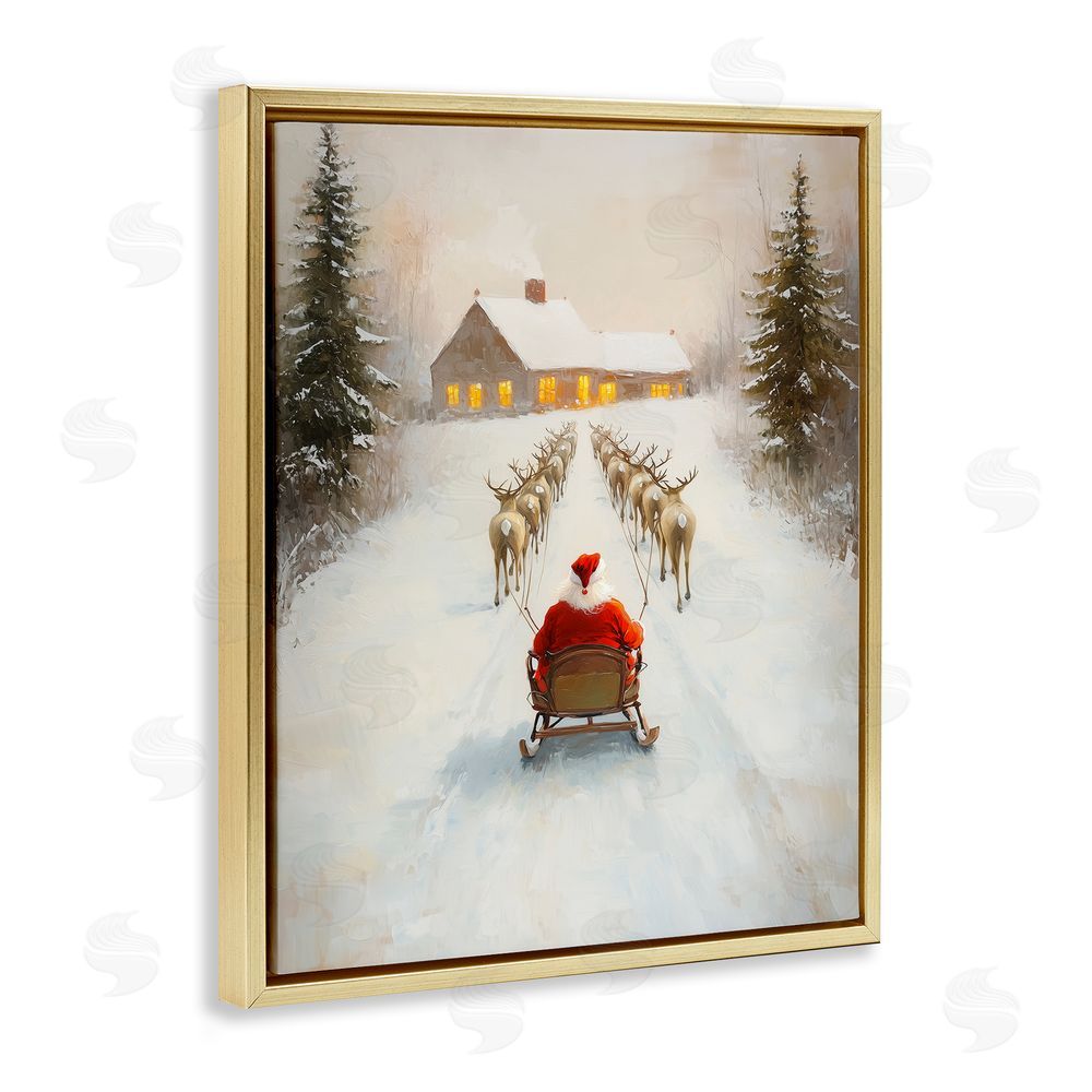 Arlington Prints Santa's Visit Sleigh Ride Gold Floating Frame Canvas Wall Art Print