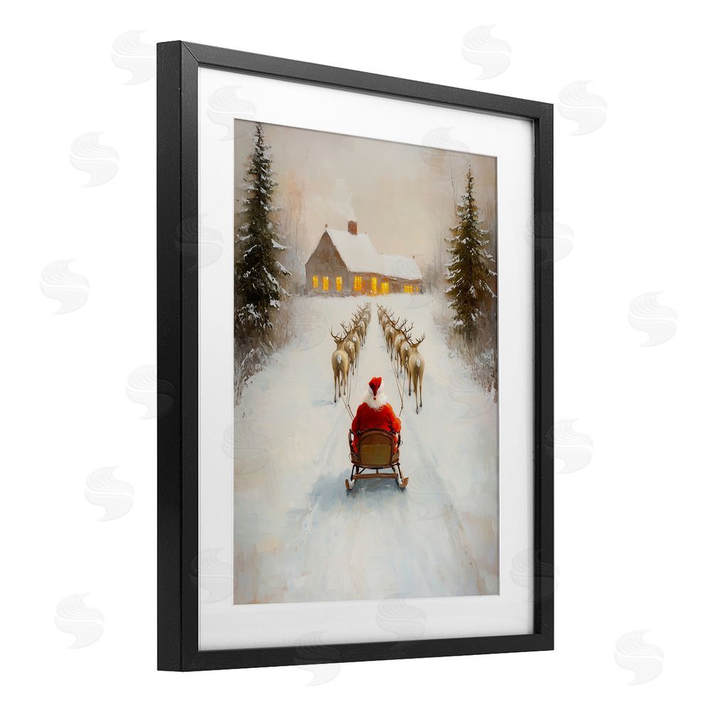Arlington Prints Santa's Visit Sleigh Ride Black Framed Print Under Glass with White Mat Wall Art