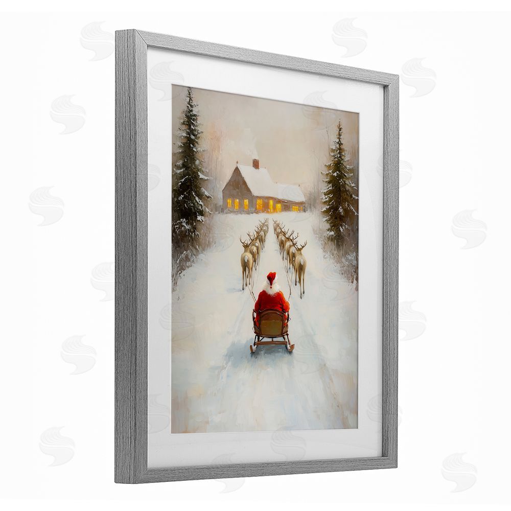 Arlington Prints Santa's Visit Sleigh Ride Gray Framed Print Under Glass with White Mat Wall Art