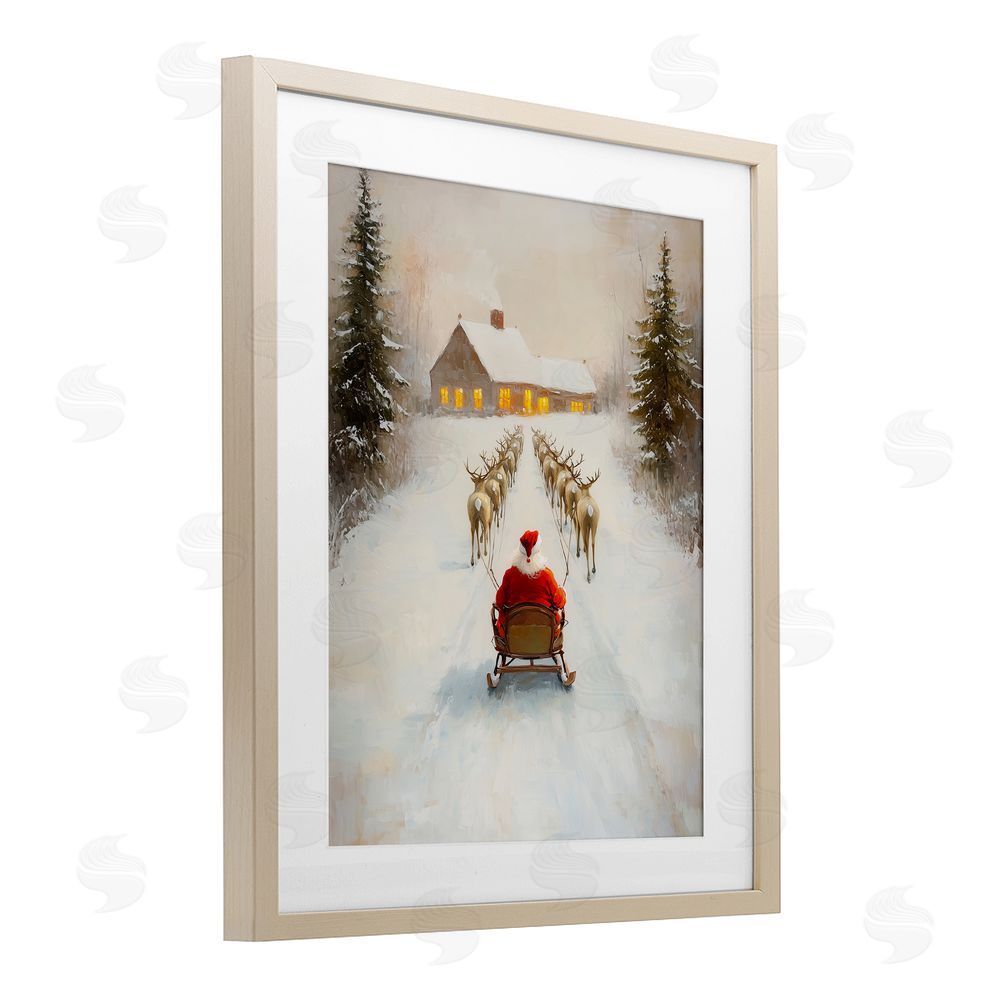 Arlington Prints Santa's Visit Sleigh Ride Birch Framed Print Under Glass with White Mat Wall Art