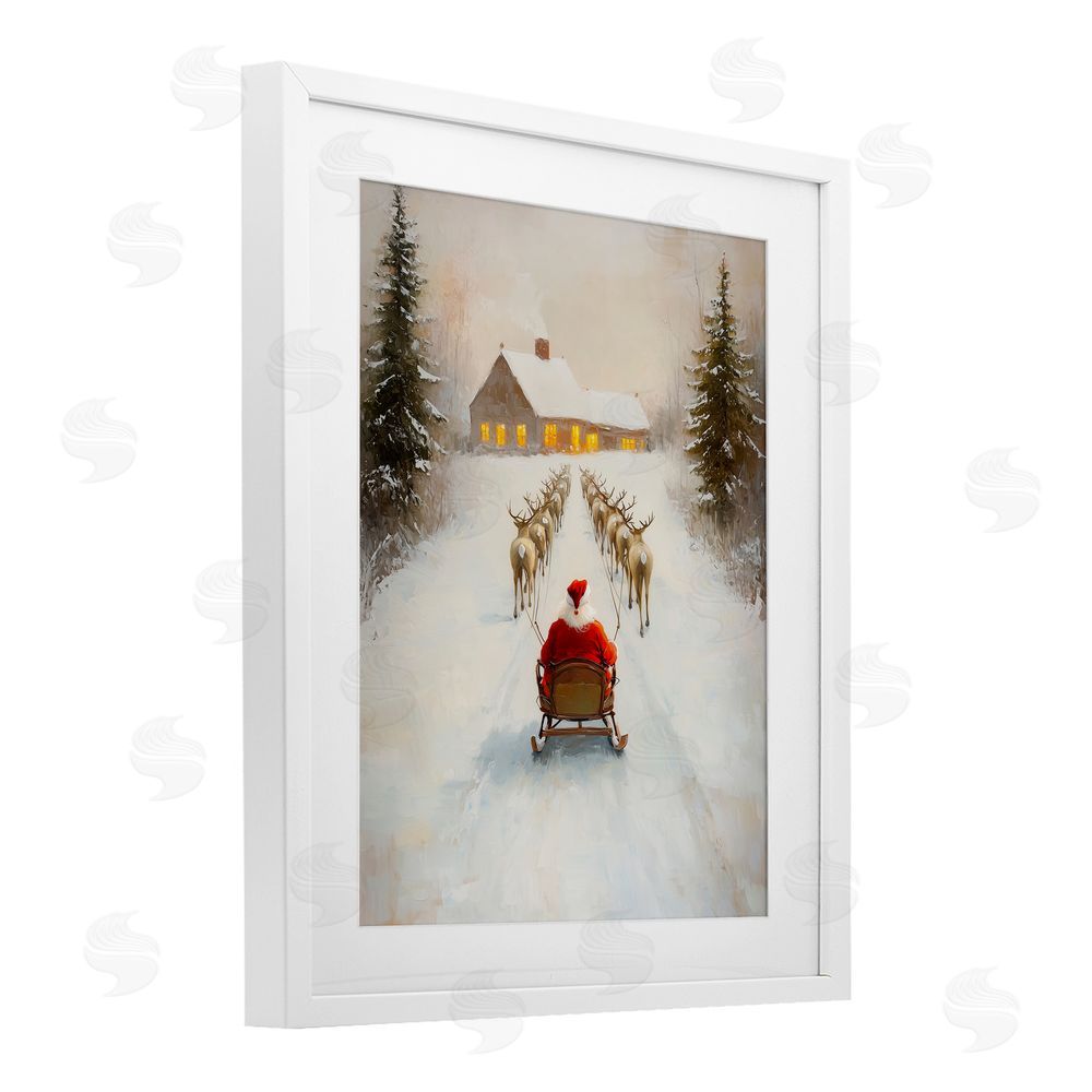 Arlington Prints Santa's Visit Sleigh Ride White Framed Print Under Glass with Mat Wall Art
