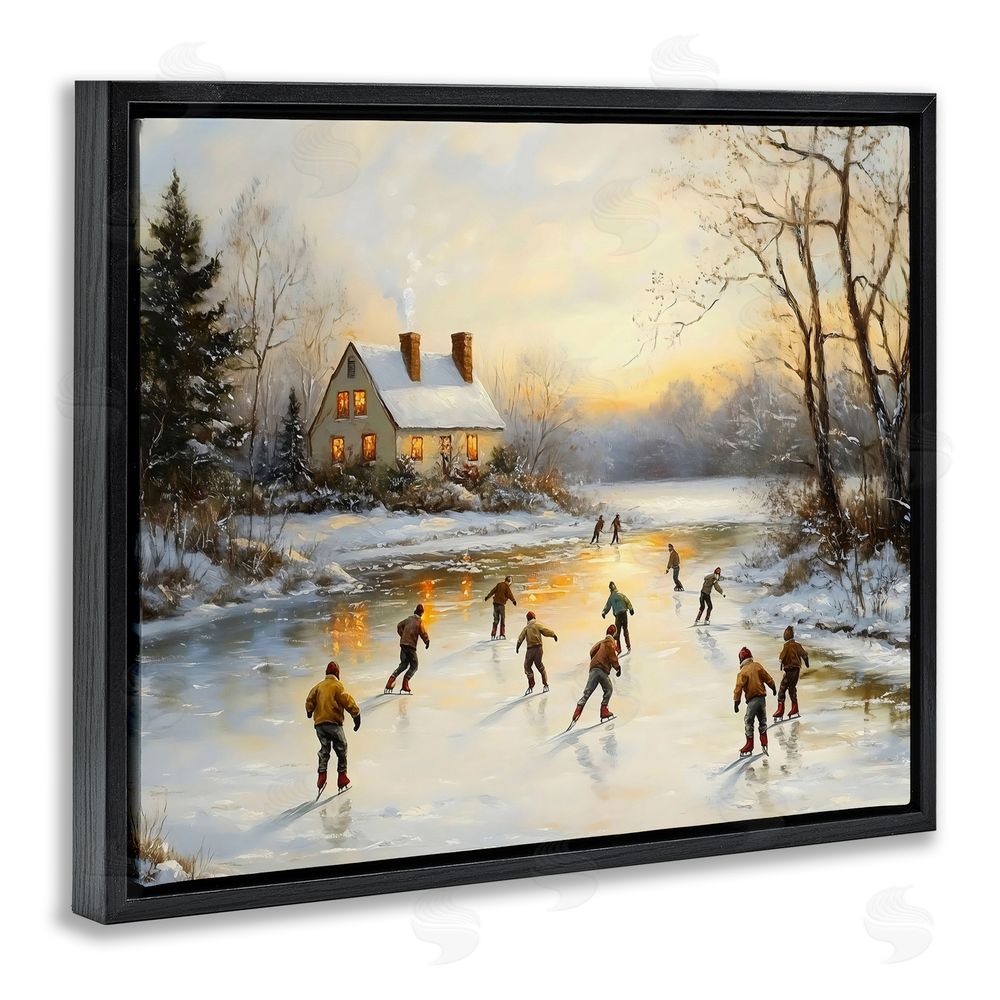 Arlington Prints Vintage Winter Ice Skaters Black Floating Frame Canvas Wall Art Print