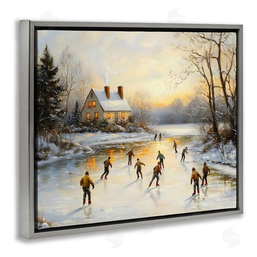 Arlington Prints Vintage Winter Ice Skaters Gray Floating Frame Canvas Wall Art Print
