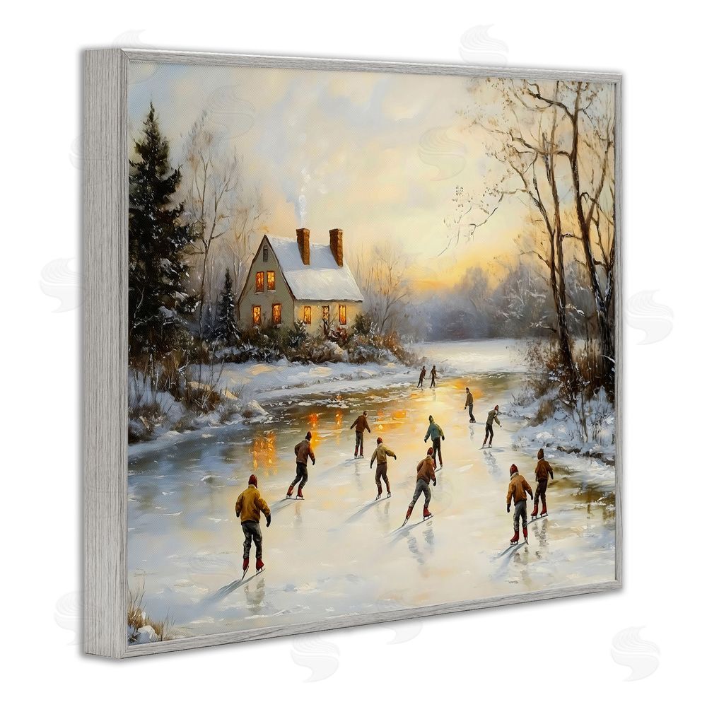 Arlington Prints Vintage Winter Ice Skaters Gray Framed Giclee Wall Art Print