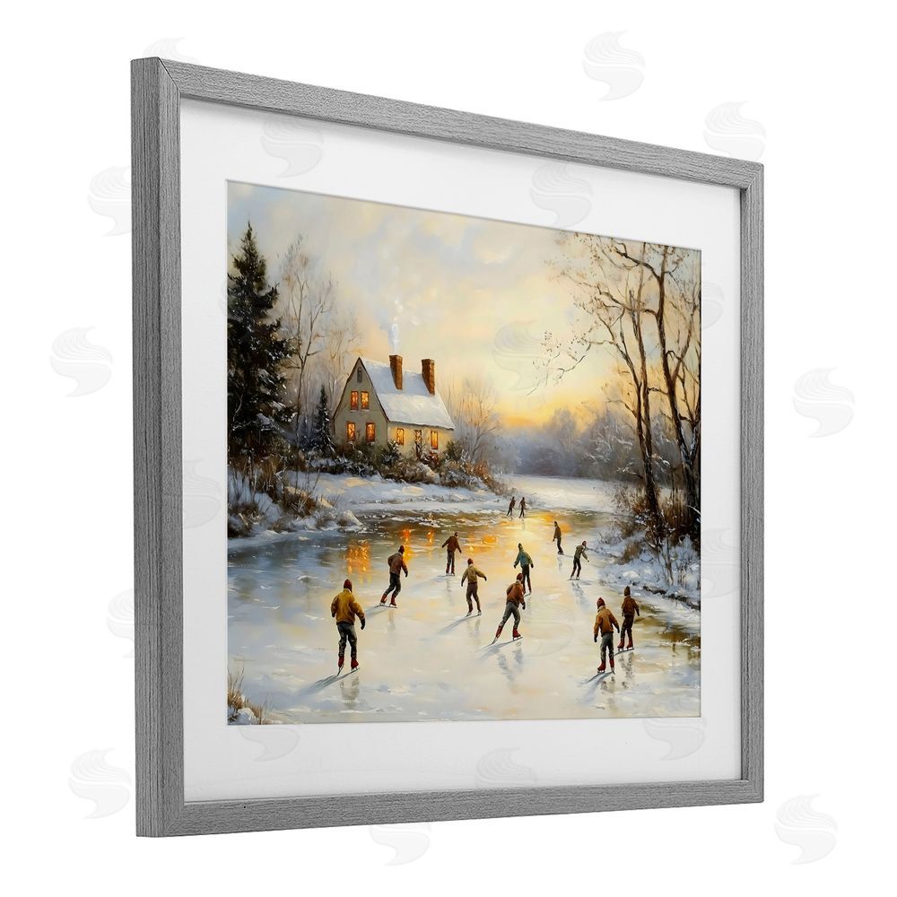 Arlington Prints Vintage Winter Ice Skaters Gray Framed Print Under Glass with White Mat Wall Art
