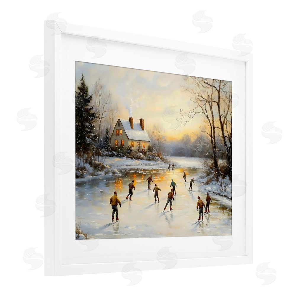Arlington Prints Vintage Winter Ice Skaters White Framed Print Under Glass with Mat Wall Art