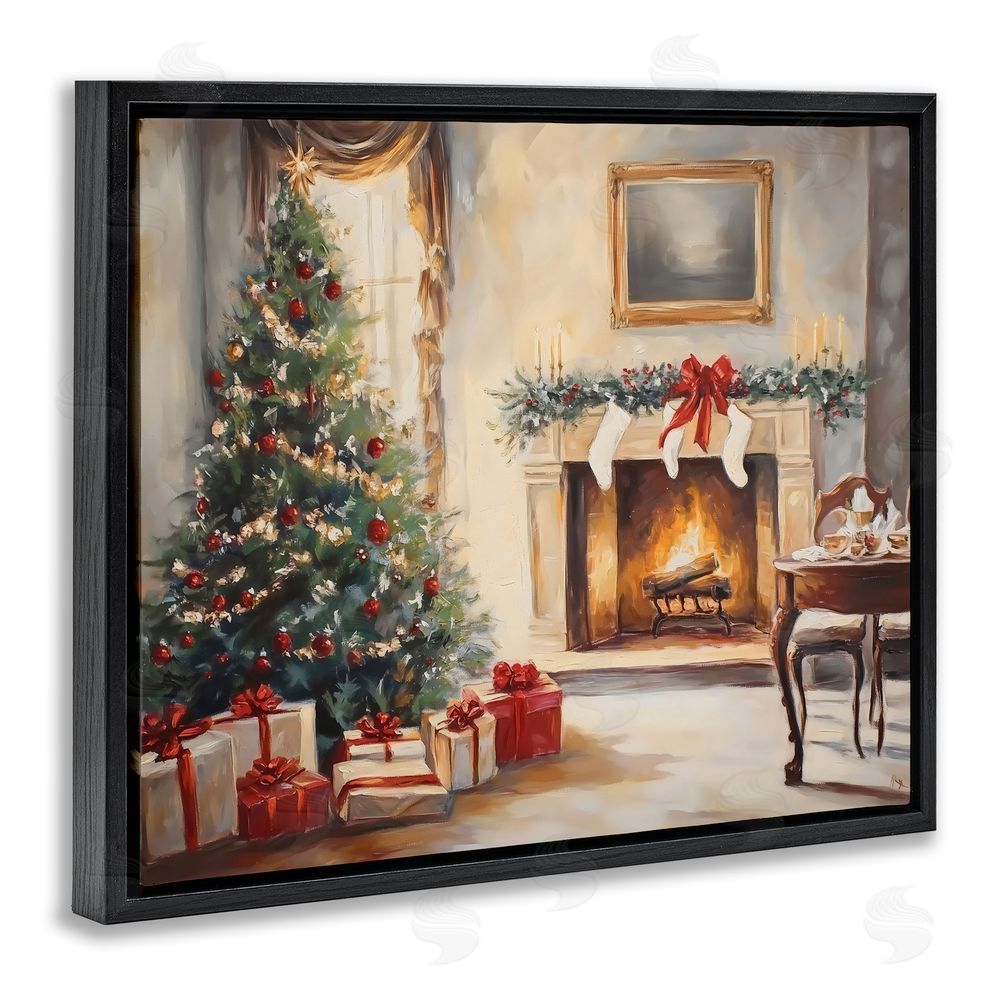Arlington Prints Vintage Christmas Tree Hearth Black Floating Frame Canvas Wall Art Print